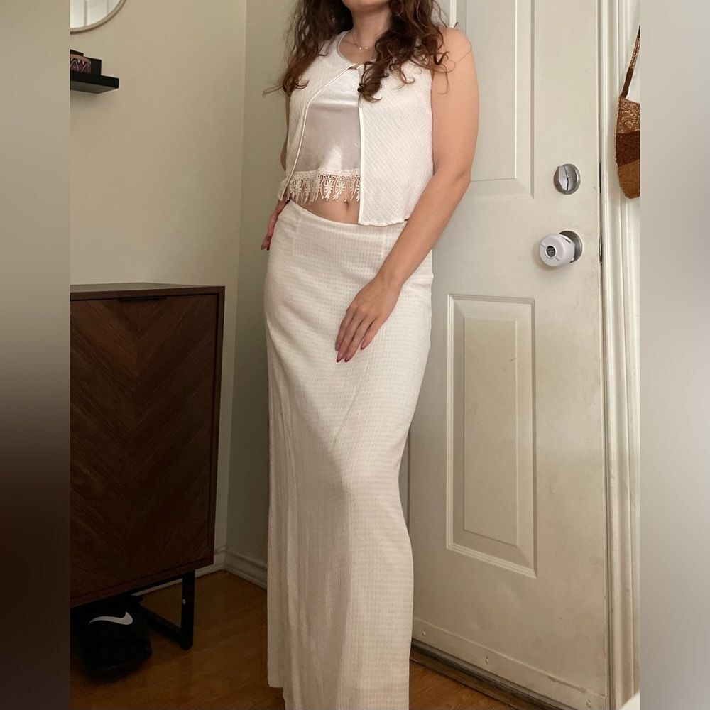Vintage 90s does 70s Boho Cottage Two Piece Maxi Skirt Set‎ Size Small in White